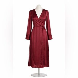 Burgundy Satin Wrap Midi Dress | Long Sleeve Evening Dress with Waist Tie